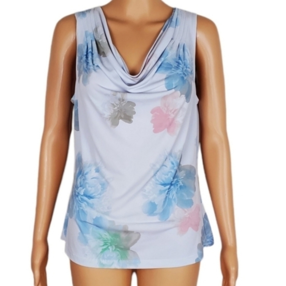 Calvin Klein blue floral drape neck sleeveless top